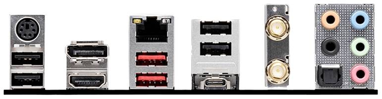 Rückseite eines Computer-Motherboards mit verschiedenen Anschlüssen: USB, HDMI, Ethernet, Audio- und optischen Anschlüssen.