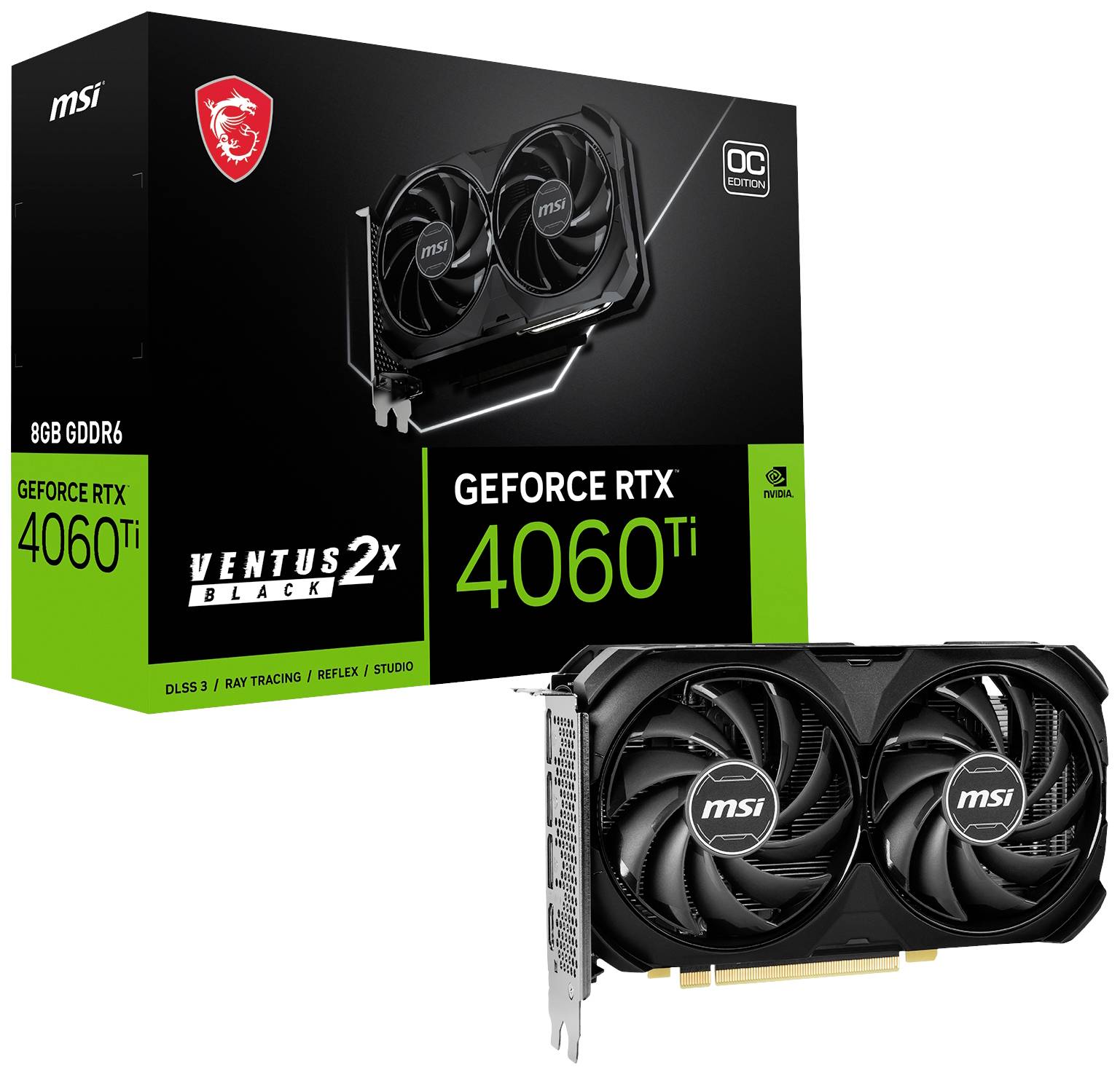 Grafikkarte MSI GeForce RTX 4060 Ti Ventus 2X Black, 8GB GDDR6, neben Verkaufsverpackung abgebildet. Geeignet für Gaming und Grafik.
