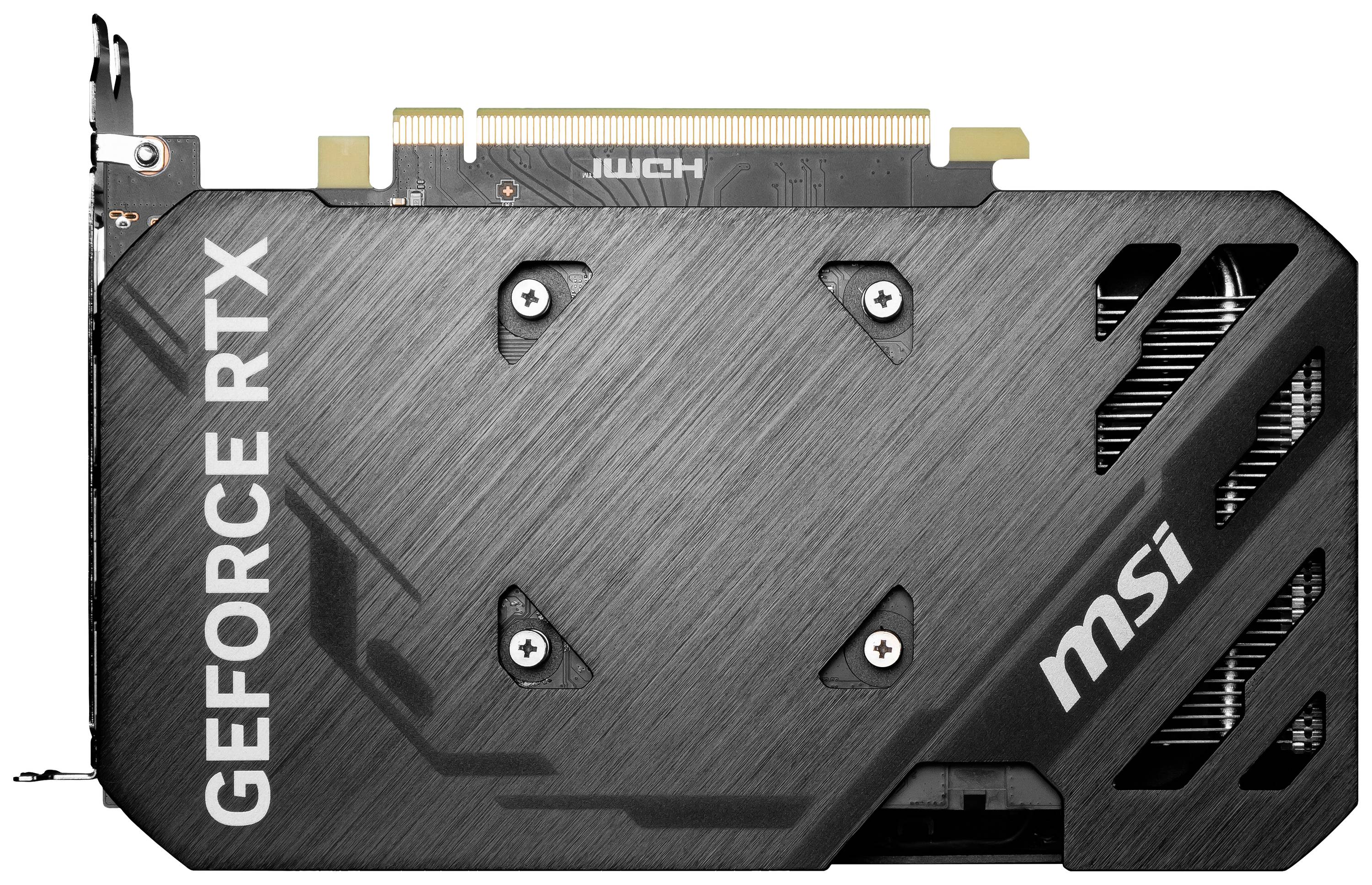 GPU von MSI, Modell GeForce RTX, schwarze Abdeckung mit Metalloptik, sichtbare Lüftungsschlitze rechts, für Hochleistungs-Grafik.