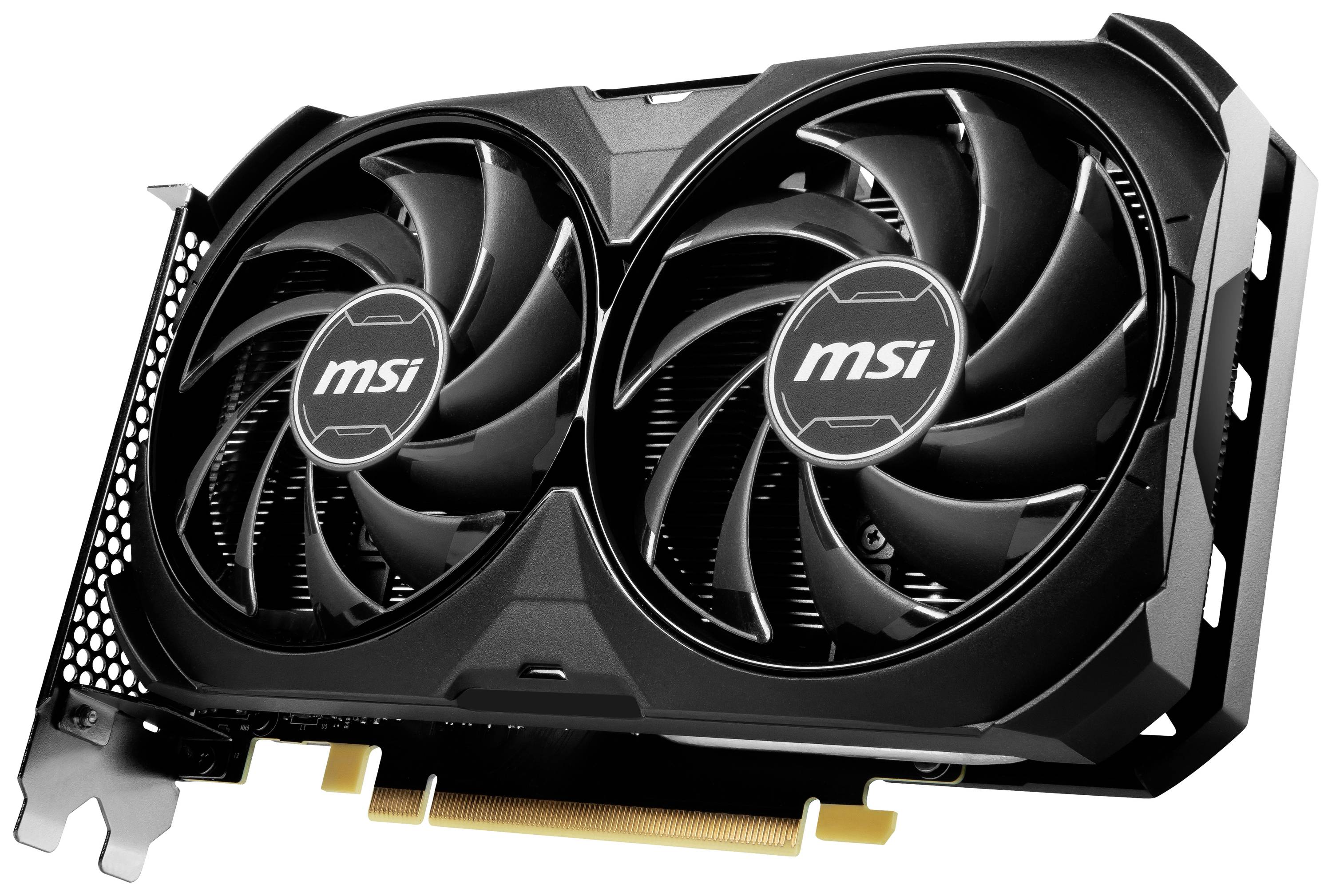 Eine schwarze MSI-Grafikkarte mit zwei Lüftern. Sie hat einen PCIe-Anschluss und ist für die Kühlung und Leistung in Computern konzipiert.