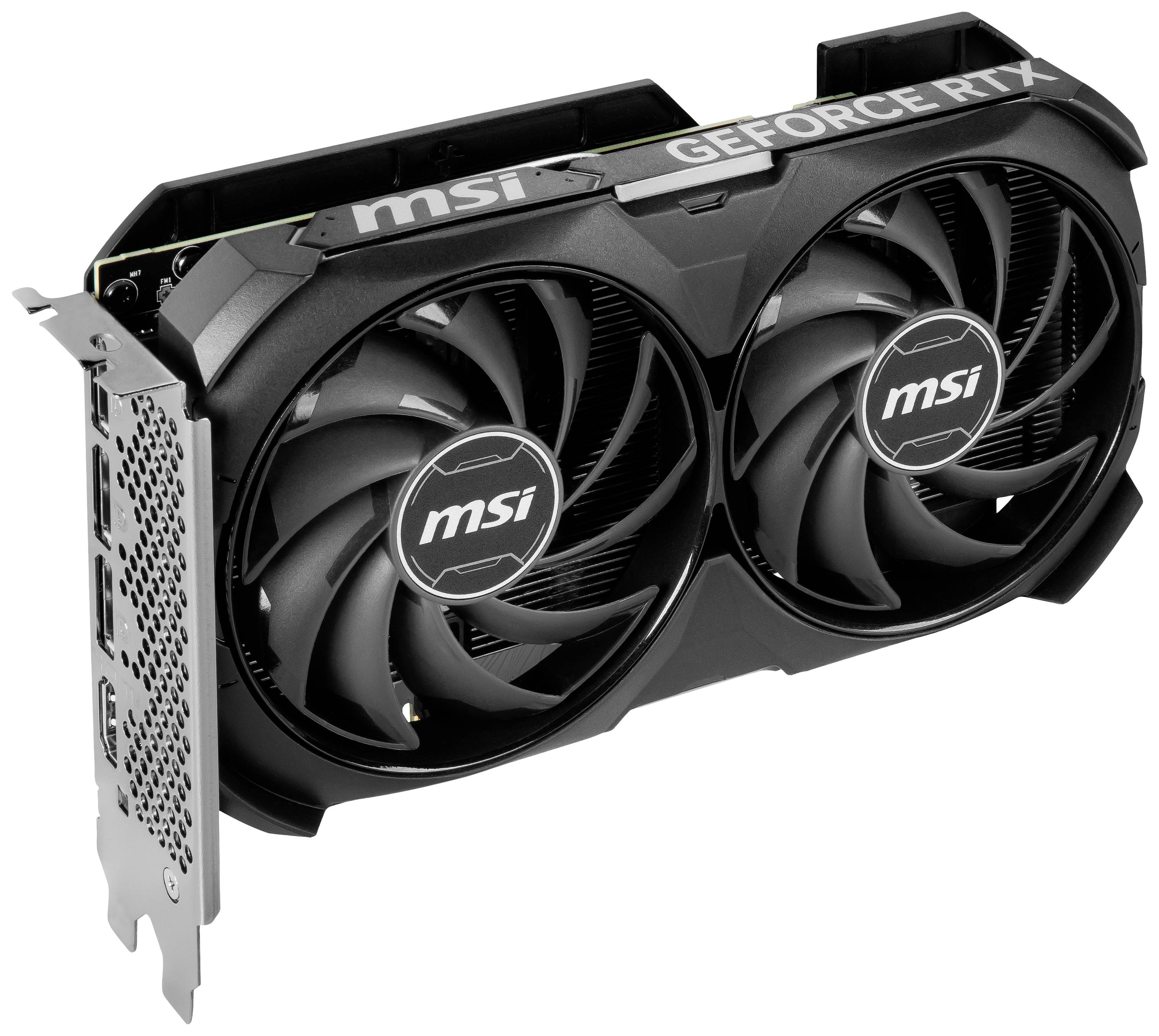 Grafikkarte MSI GeForce RTX mit zwei Lüftern und Gehäuse, seitlich gezeigt. Enthält Anschlüsse für Monitore und erweiterte Leistung.