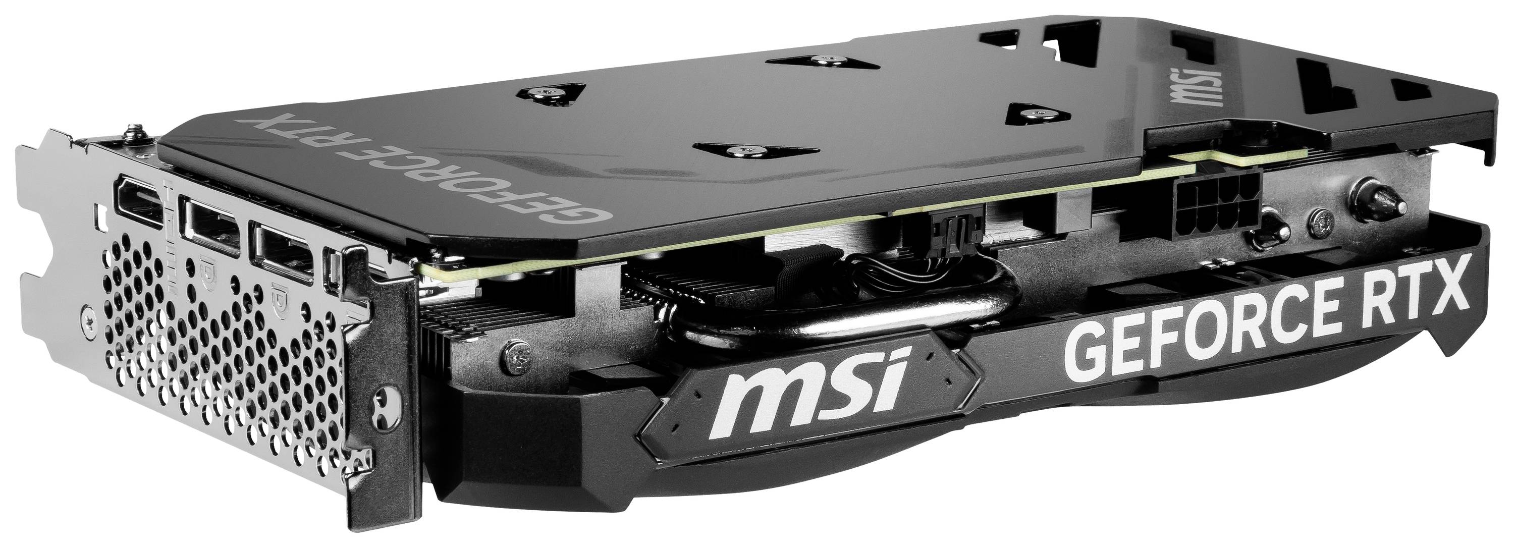 Grafikkarte 'MSI GeForce RTX' in schräger Ansicht, zeigt Ports und Kühlkörper.