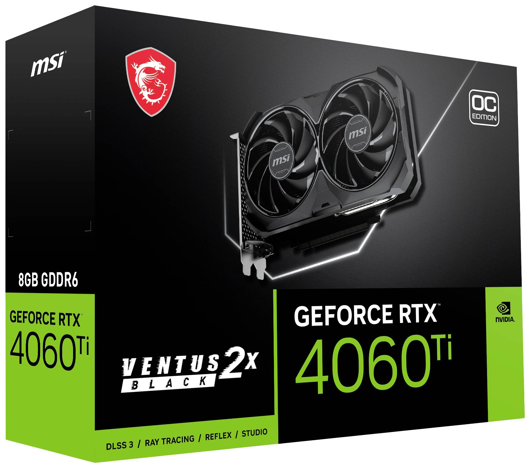 'Verpackung einer Grafikkarte mit der Bezeichnung MSI GeForce RTX 4060 Ti Ventus 2X Black, 8 GB GDDR6, OC Edition, DLSS 3, Ray Tracing.'