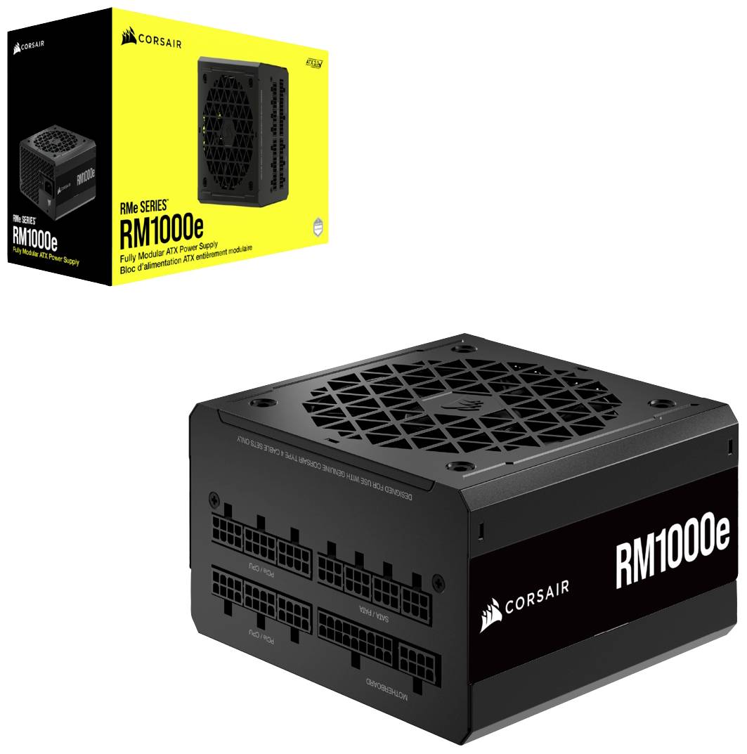 Netzteil Corsair RM1000e, vollmodular, schwarze Box, Produktbild mit gelber Verpackung.