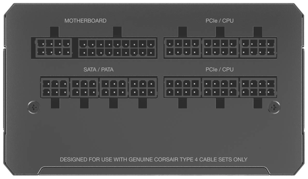 Netzteil-Rückansicht mit mehreren Anschlussbuchsen für Mainboard, PCIe/CPU und SATA/PATA. Hinweis: Nur für Corsair Type 4 Kabelsets.