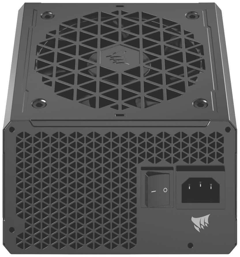Ein modernes Computer-Netzteil mit Lüfter und Ein-/Ausschalter auf der Rückseite, geeignet für PC-Gehäusemontage.