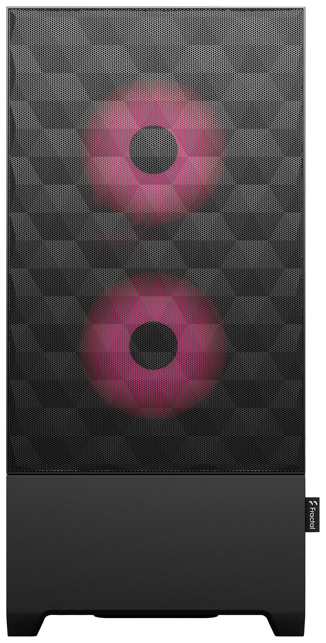 Ein schwarzer Lautsprecher mit zwei leuchtenden, rosa LED-Ringen hinter dem Gitter, die in einem geometrischen Muster angeordnet sind.