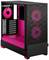 Schwarzes PC-Gehäuse mit pinkem Innenraum und drei großen Lüftern mit RGB-Beleuchtung. Vorderseite und Oberseite sind mit Gitter für Belüftung gestaltet.