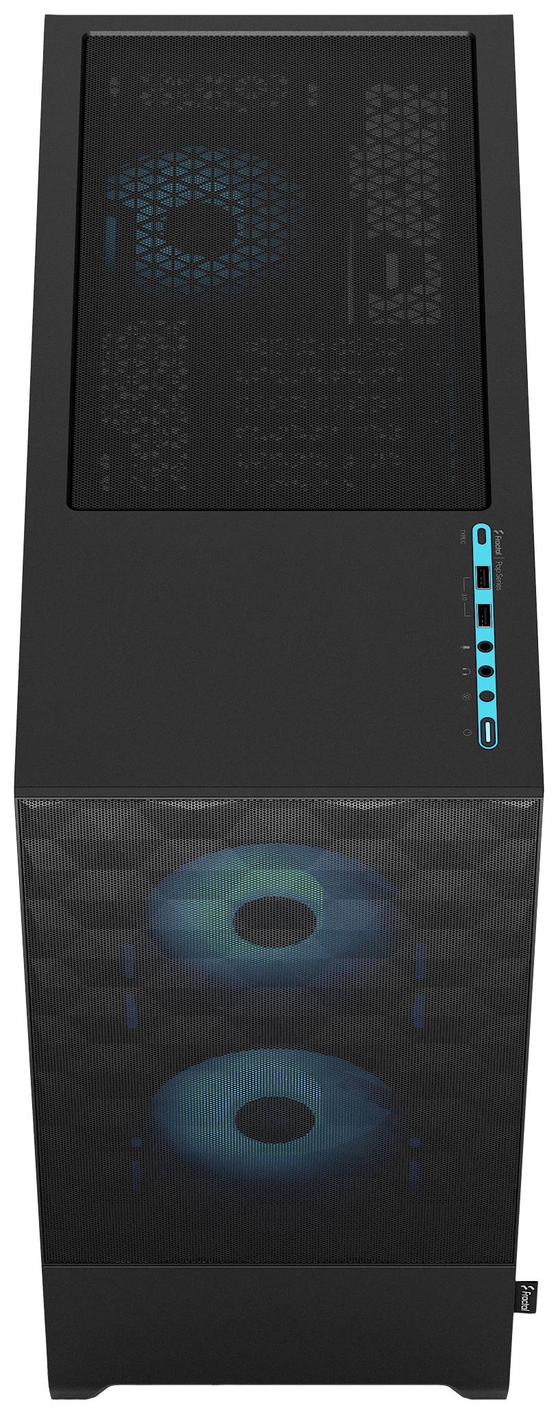 Schwarzes Computergehäuse von oben mit blauer LED-Beleuchtung und Lüftern sichtbar durch das Gitter; USB-Anschlüsse seitlich.