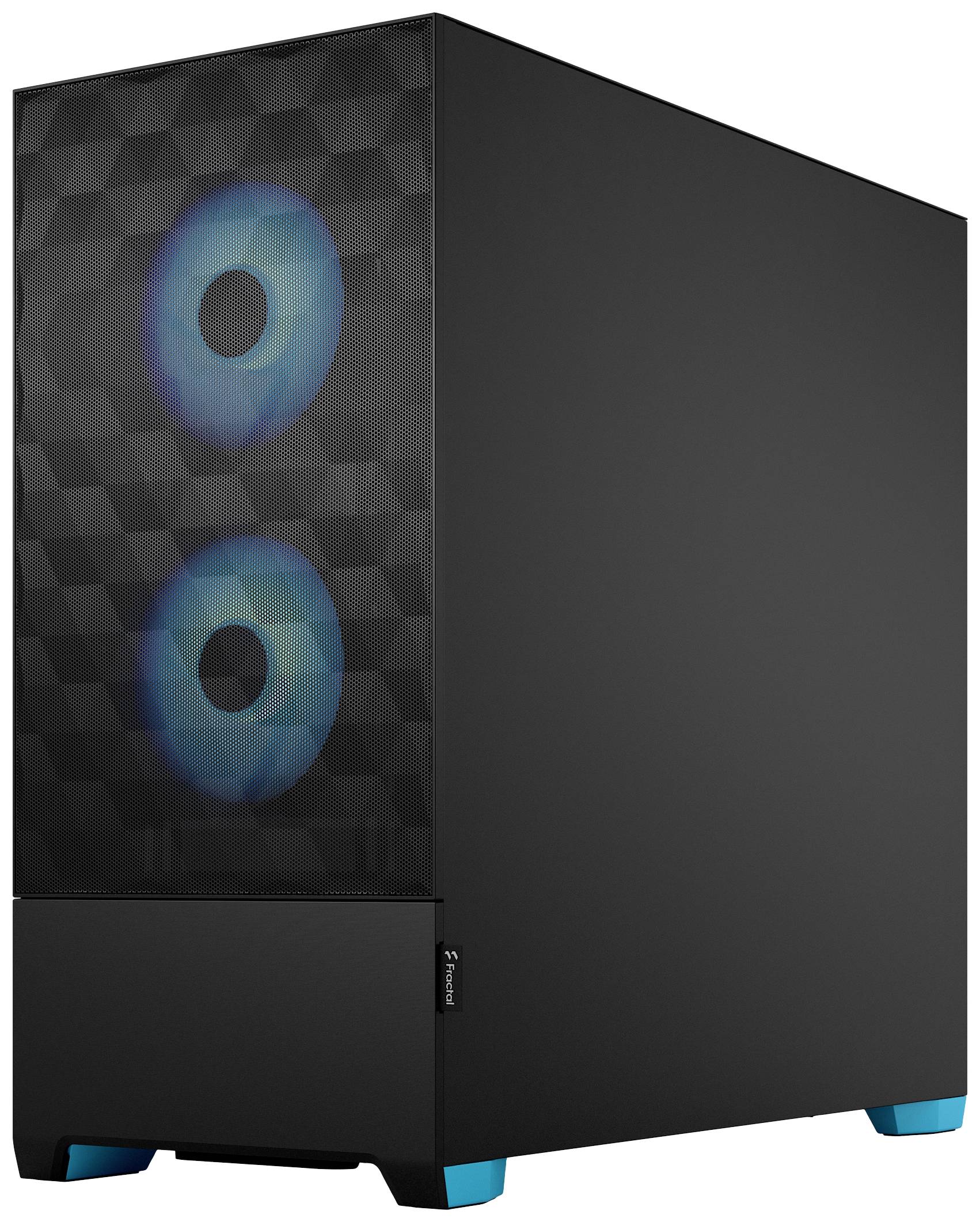 Ein schwarzer Computergehäuse mit zwei leuchtenden blauen Lüftern an der Vorderseite.