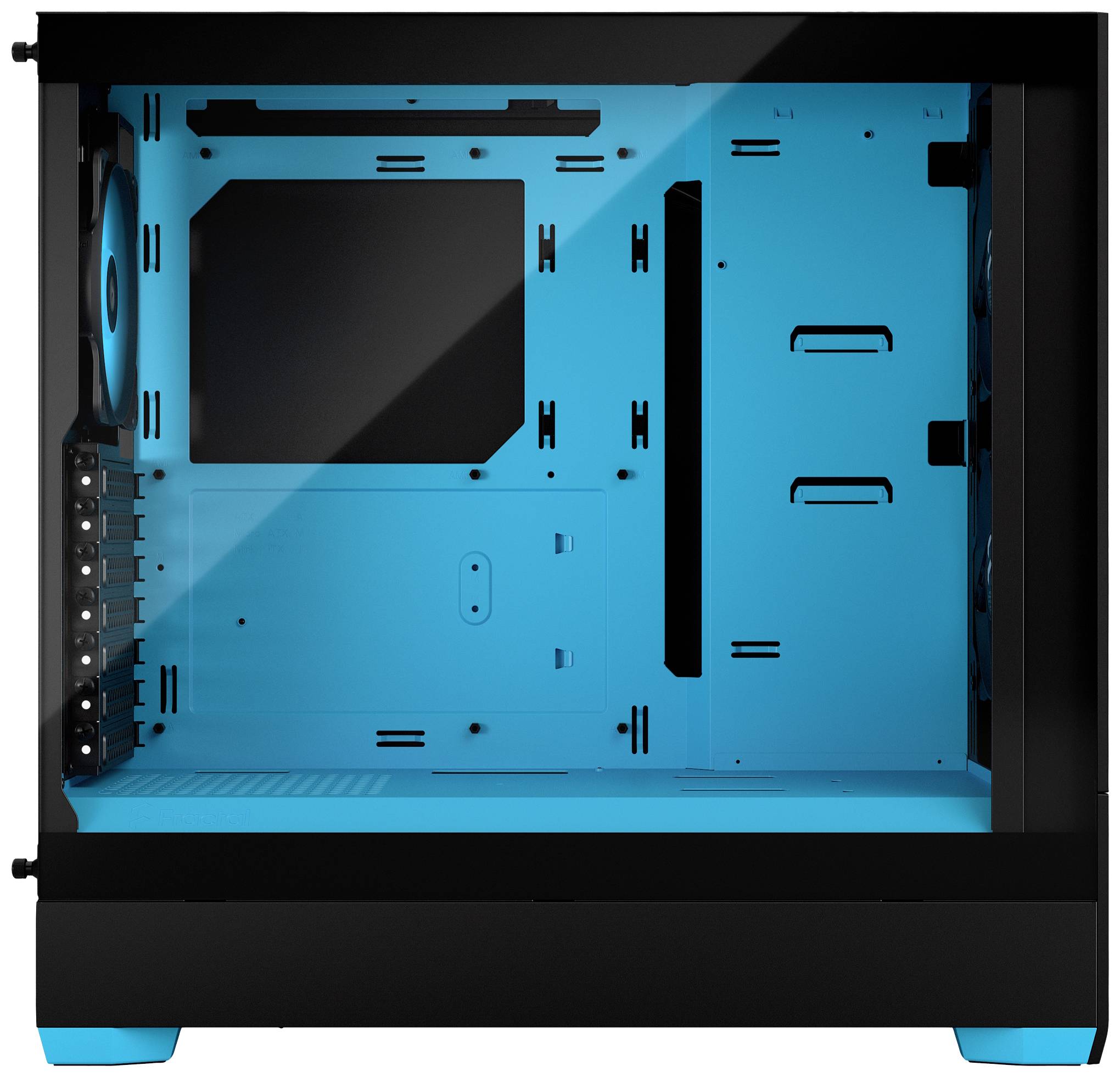 Schwarzes Computergehäuse mit transparentem Seitenfenster und blauem Innenraum, geeignet für PC-Bauteile und LED-Beleuchtung.