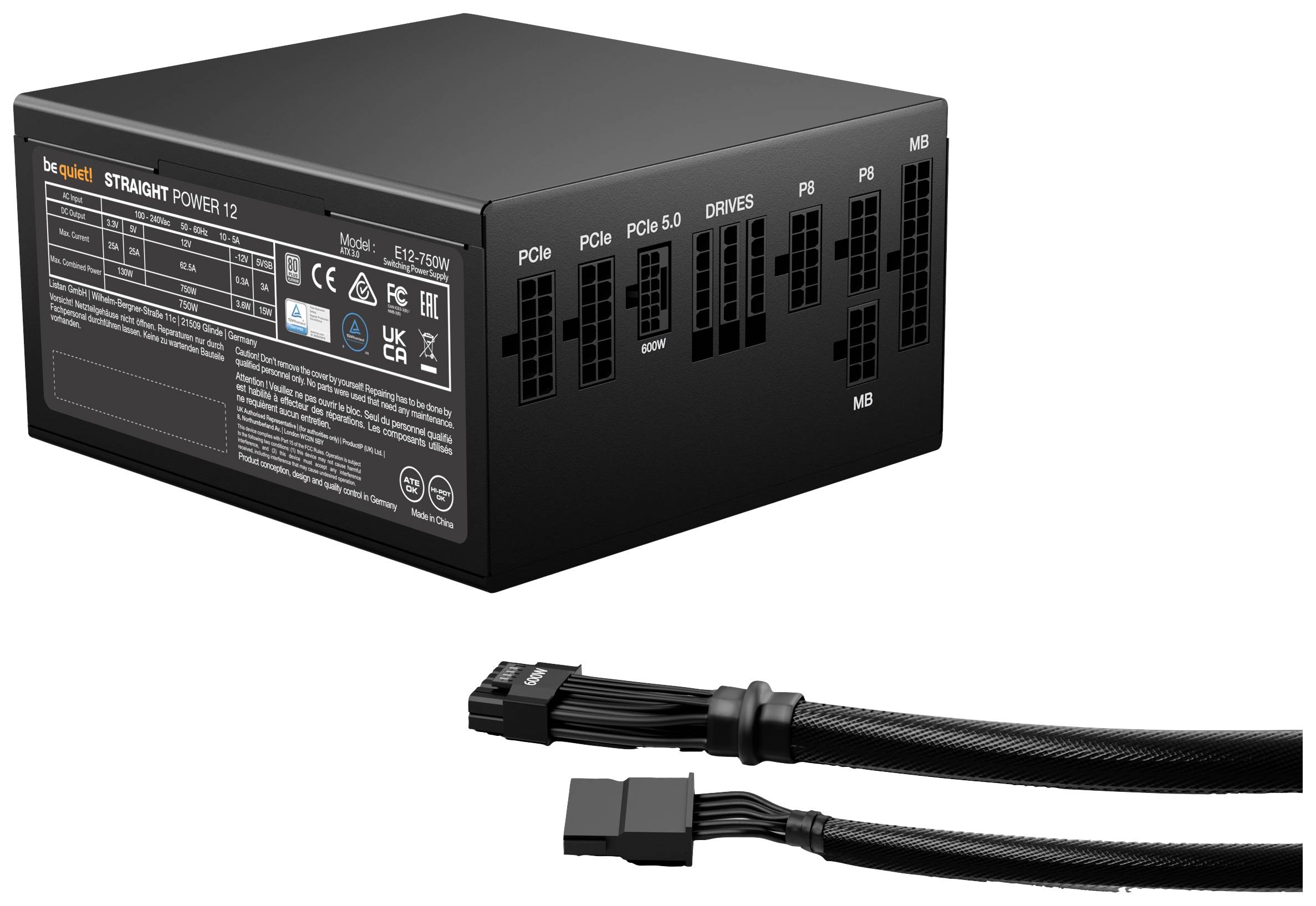 Schwarzes Netzteil 'Straight Power 12' mit modularen Kabelanschlüssen und zwei abgebildeten Kabeln für PCIE und MB.