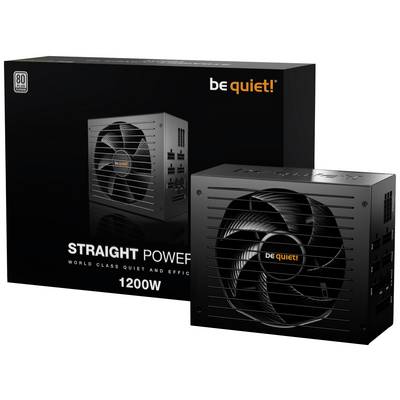 Netzteil 'be quiet! Straight Power 1200W' vor schwarzer Verpackung. Produkt bietet leisen Betrieb und hohe Effizienz.