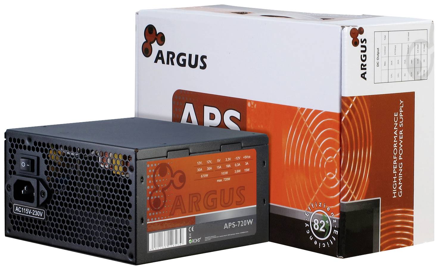 Ein schwarzes Computer-Netzteil mit orangefarbener Beschriftung und Verpackung daneben. Text auf Verpackung: 'APS, High Performance Energy Supply'.