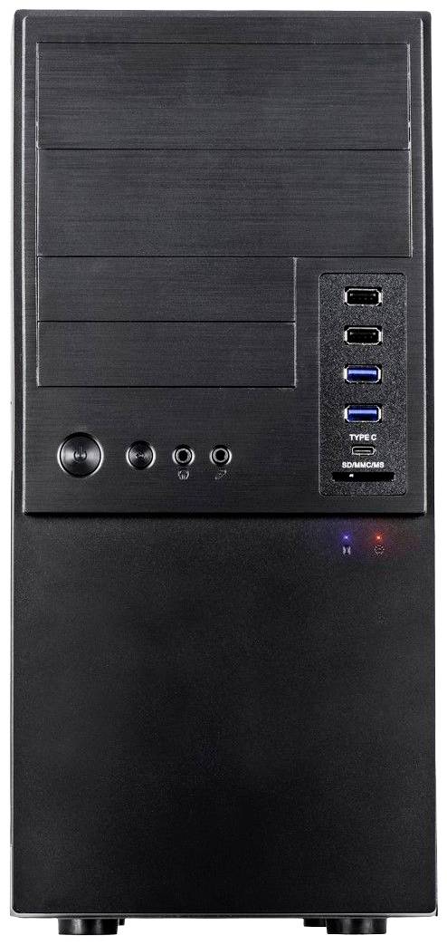 Schwarzes PC-Gehäuse mit mehreren USB-Anschlüssen an der Front, darunter zwei USB 3.0-Anschlüsse und ein USB-C-Anschluss.