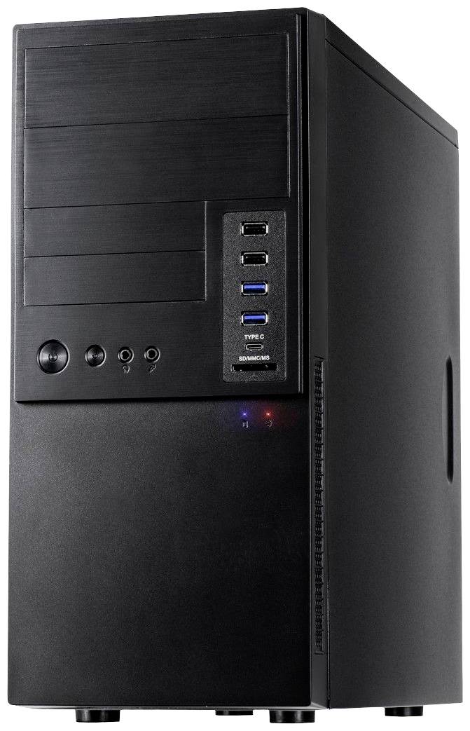 Ein schwarzes Computergehäuse mit mehreren USB-Anschlüssen und Audioanschlüssen auf der Vorderseite.