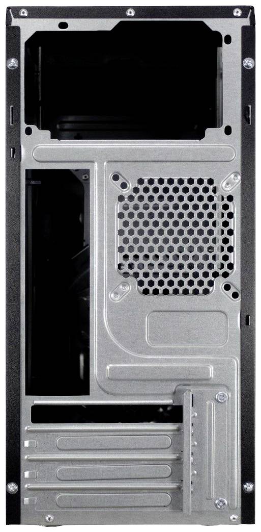 'Rückseite eines Computergehäuses aus Metall mit Lüftungsgitter und Erweiterungssteckplätzen.'