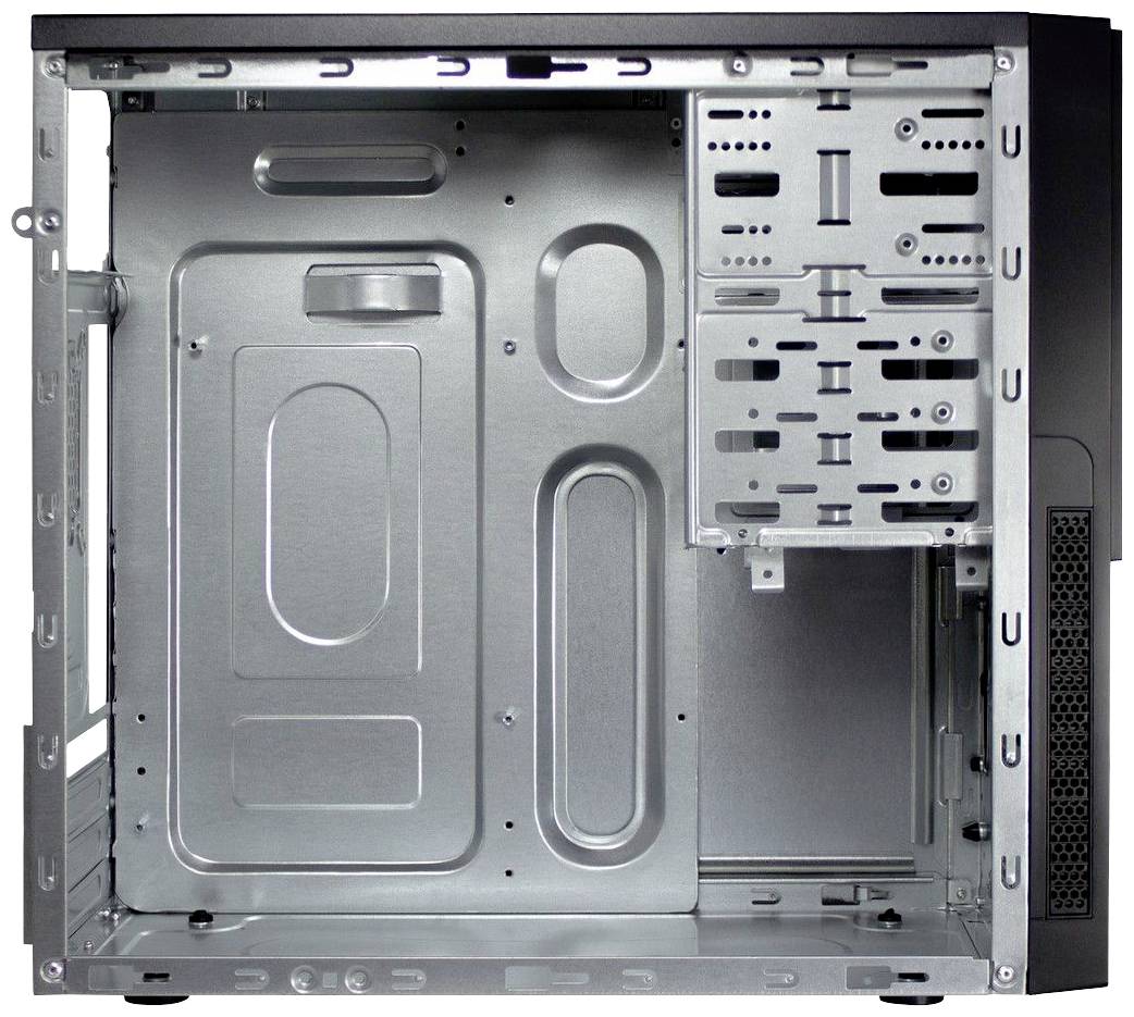 Ein leerer Computergehäuse-Innenraum aus Metall mit Halterungen für Motherboard und Laufwerke, zeigt Platz für Komponenteninstallation.