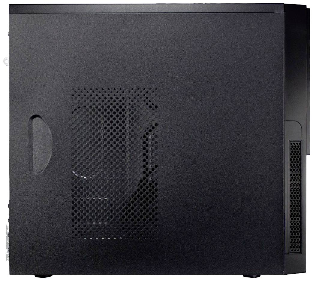 Schwarzes Computergehäuse von der Seite, zeigt ein Lüftungsgitter. Keine sichtbaren Marken oder Logos, eignet sich für Desktop-PCs.