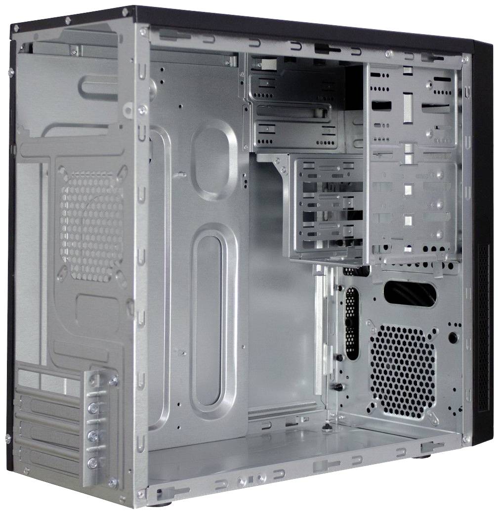 Ein leeres Computergehäuse mit offenen Seiten, zeigt Metallstruktur und Platz für Komponenten wie Mainboard, Laufwerke und Lüfter.