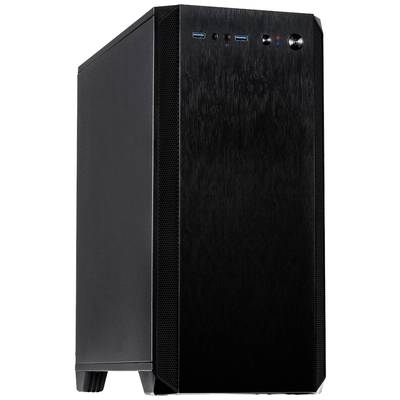 'Schwarzes PC-Gehäuse mit USB-Anschlüssen und Power-Button an der Vorderseite. Modernes, schlichtes Design.'