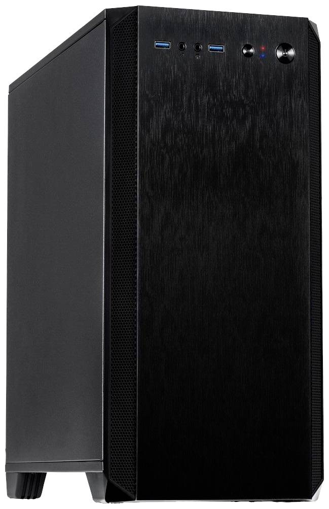 'Schwarzes Computergehäuse mit USB-Anschlüssen und Tasten an der Oberseite. Minimalistisches Design für PC-Bau.'