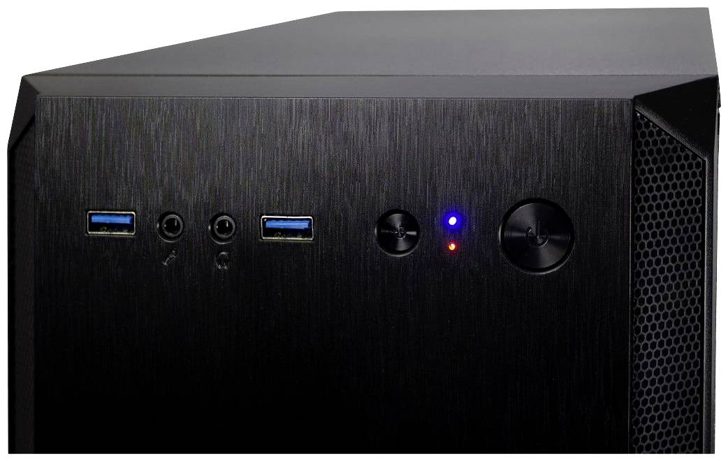 Schwarzes Computergehäuse mit zwei USB-Anschlüssen, zwei Audiobuchsen und zwei runden Tasten mit blauen und roten Lichtern.