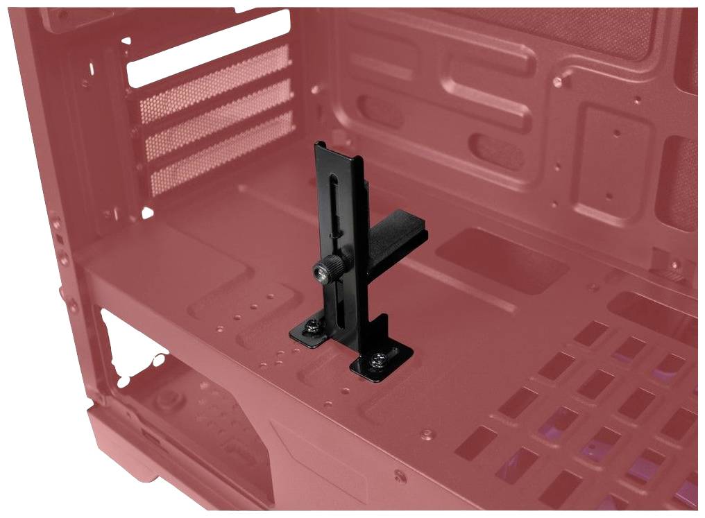 Interne Ansicht eines Computergehäuses mit vertikalem Halter für Grafikkarten. Der Halter ist mittig im Gehäuseboden montiert.