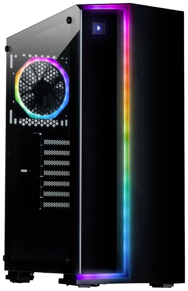 Schwarzes Computergehäuse mit transparenten Seiten und RGB-Beleuchtung an der Front.