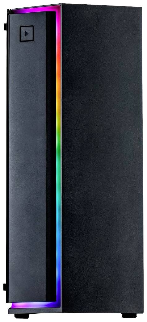 Ein schwarzes Computergehäuse mit einer LED-Lichtleiste, die in Regenbogenfarben leuchtet. Oben links befindet sich ein kleiner Knopf.