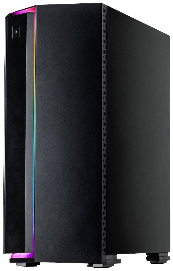 Ein schwarzes Computergehäuse mit einer vertikalen RGB-Lichtleiste an der Vorderseite, die verschiedene Farben anzeigt.