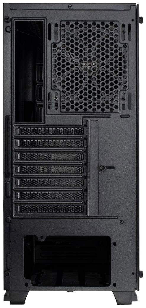 Die Rückseite eines schwarzen Computergehäuses mit mehreren Lüftungsschlitzen und Erweiterungssteckplätzen.