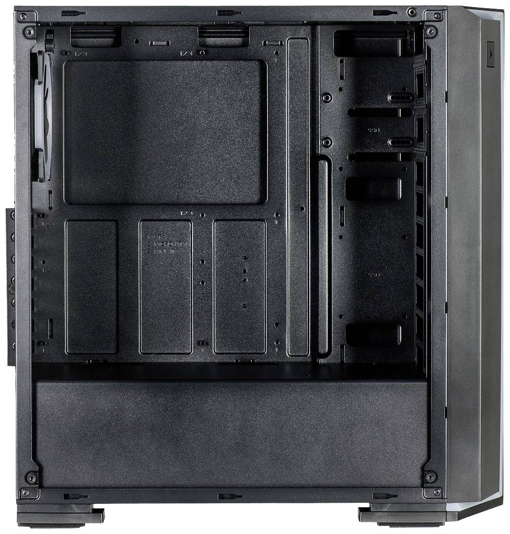 PC-Gehäuse in Schwarz, geöffnet ohne sichtbare Komponenten. Zeigt Halterungen für Mainboard und Laufwerke sowie Kabelmanagement.