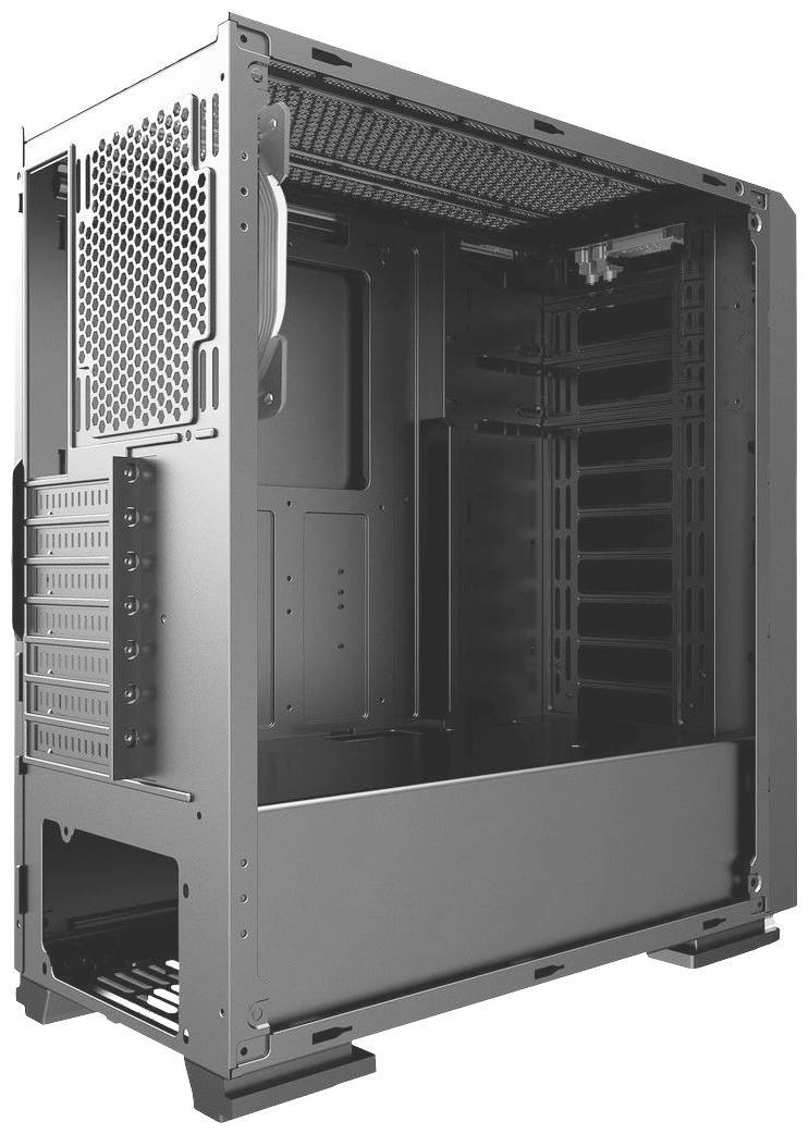 Leeres Computergehäuse mit offenem Seitenteil, zeigt mehrere Laufwerksschächte und Lüfterhalterungen, geeignet für PC-Bau.