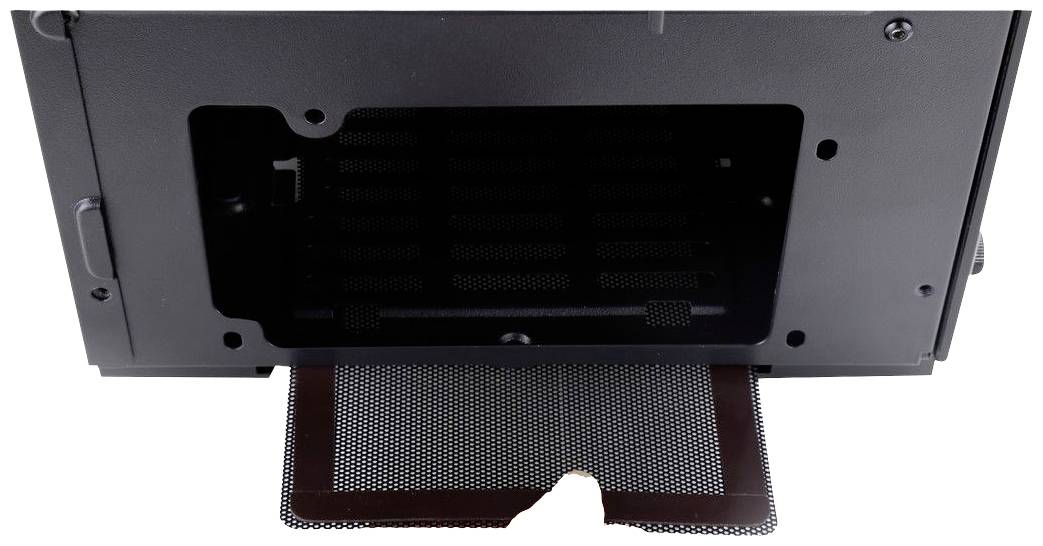 Ein abnehmbarer Staubfilter an der Unterseite eines Computergehäuses, der den Zugang zum Inneren erleichtert und das Eindringen von Staub minimiert.