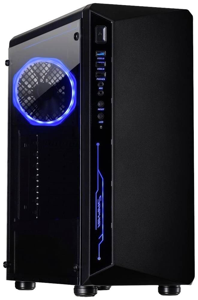 Schwarzes PC-Gehäuse mit Seitenfenster, beleuchtetem Lüfter und Frontanschlüssen. Modernes Design für Gaming-Computer.