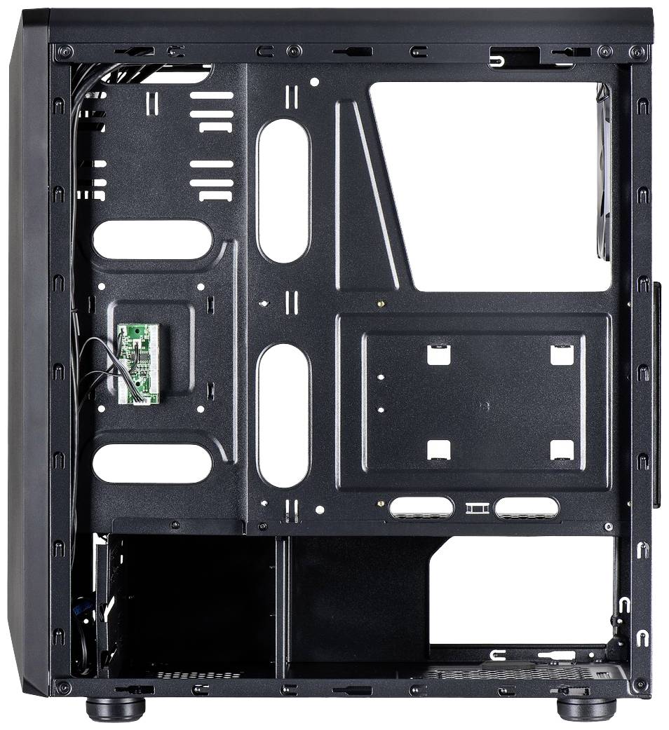 Leeres Computergehäuse ohne Komponenten, schwarze Farbe. Zeigt die interne Struktur mit Halterungen und Öffnungen für Hardware.