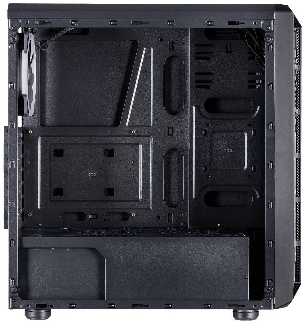 Ein leeres Computergehäuse mit Lüfter auf der Rückseite. Innenraum zeigt Halterungen und Einschübe für Komponenten.