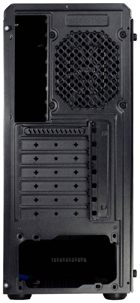 'Rückansicht eines Computergehäuses mit Lüftungsgitter, mehreren Steckplätzen für Erweiterungskarten und Netzteilöffnung unten.'