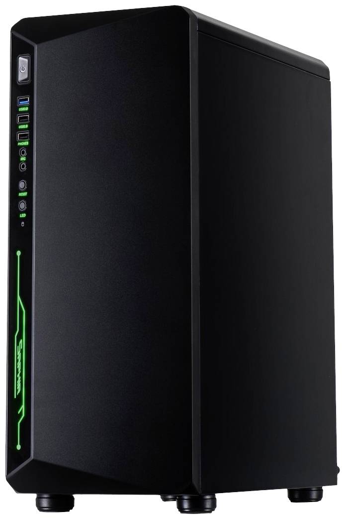 'Simpler PC-Gehäuse mit schwarzer Oberfläche, mehreren USB-Ports und einem grünen Leuchtelement auf der Vorderseite.'