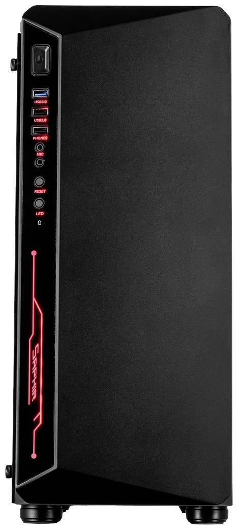 Schwarzes Computergehäuse mit roten LED-Leuchten und mehreren Anschlüssen an der Vorderseite.