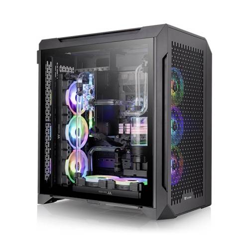 Schwarzes Gaming-PC-Gehäuse mit RGB-Beleuchtung und sichtbarer Wasserkühlung. Innen sind Lüfter und transparente Röhren zu sehen.
