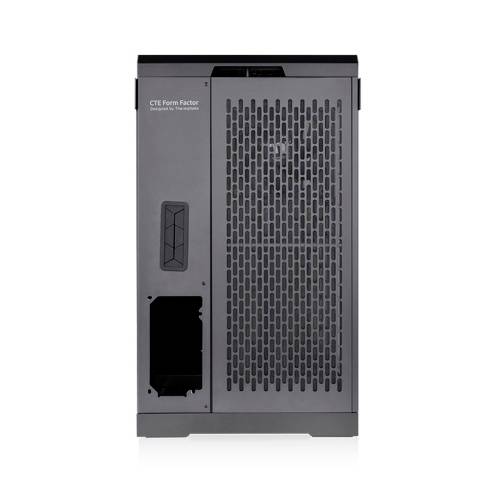 Grau-schwarzes Computergehäuse mit vertikalen Lüftungsschlitzen und dem Text 'CTE Form Factor' auf der oberen linken Seite.