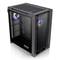 Ein schwarzes, offenes Computergehäuse mit seitlichem Sichtfenster und sichtbaren RGB-Lüftern, dargestellt in Frontansicht.
