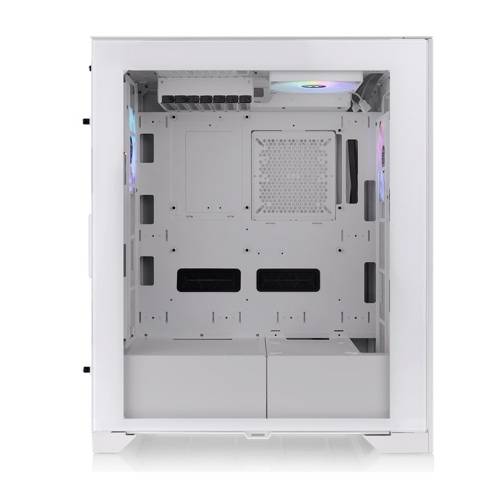 Weißes Computergehäuse, blickt von vorne in dessen Inneres. Oben und hinten leuchten RGB-Lüfter. Gehäuse ist leer.