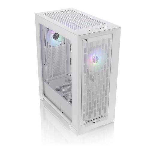 Ein weißes Computergehäuse mit durchsichtiger Seitenwand zeigt interne Lüfter mit RGB-Beleuchtung.