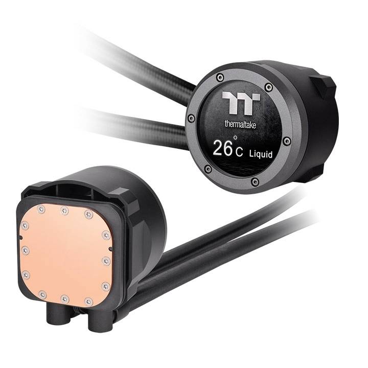 Eine Thermaltake-Wasserkühlungseinheit mit Temperaturanzeige 26°C; zeigt zwei Perspektiven des Kühlblocks mit Kupferboden.