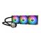 Flüssigkeitskühlsystem mit drei bunten RGB-Lüftern und Kühlkopf mit Logo; zur Kühlung von Computerprozessoren.