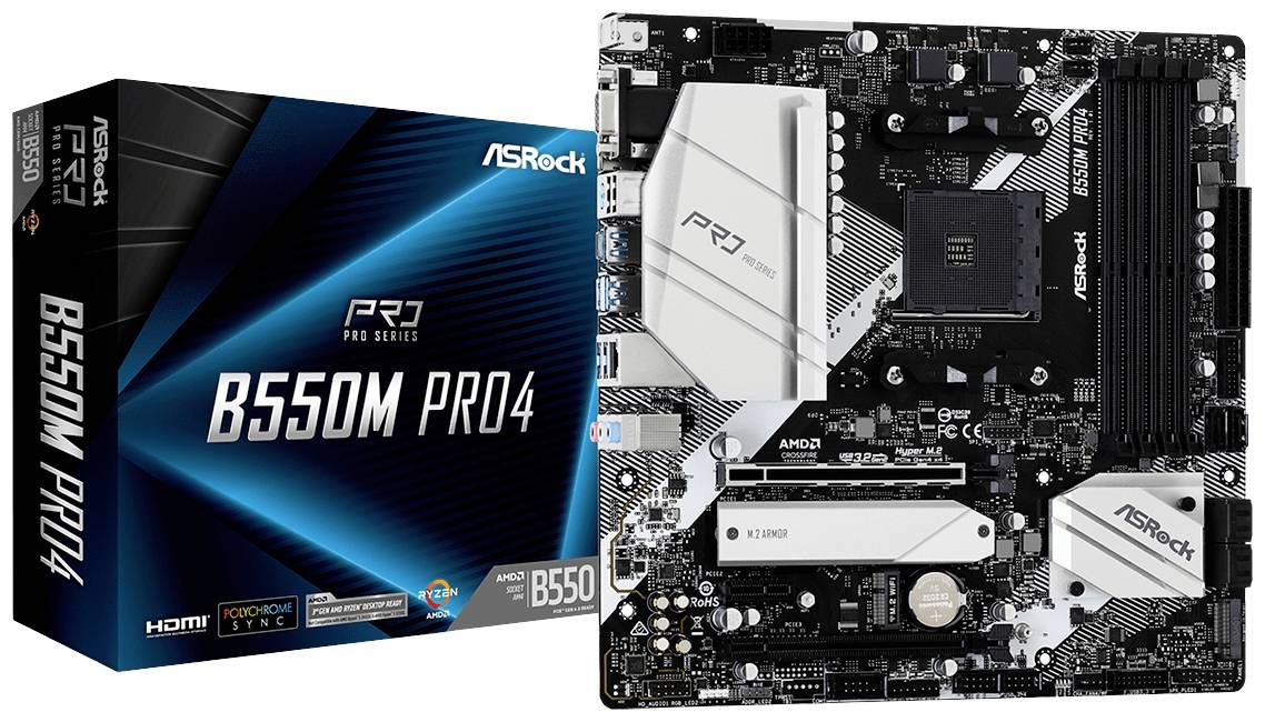 'ASRock B550M Pro4 Motherboard', zeigt ein schwarzes PCB mit silbernen Kühlkörpern, mehreren Steckplätzen und Anschlüssen, samt Verpackung.
