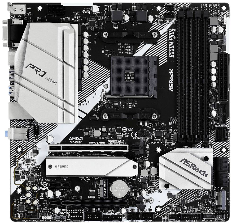 Ein Computer-Mainboard mit verschiedenen Anschlüssen und Komponenten, darunter PCIe-Slots, RAM-Steckplätze und ein CPU-Sockel für AMD AM4-Prozessoren.